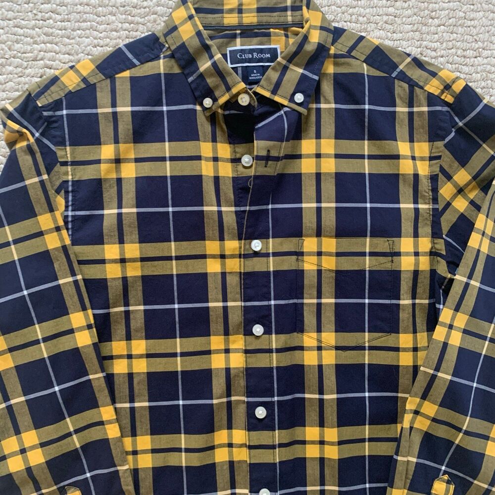 Club Room Plaid Navy Yellow Button Down Shirt Size S